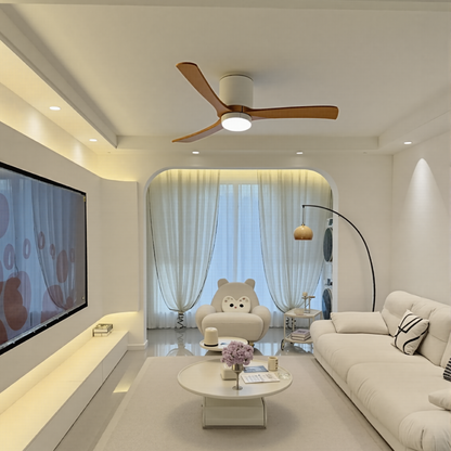Modern Low Profile Solid Wood Ceiling Fan with Light - 3-Blade Hugger LED Fan Flush Mount