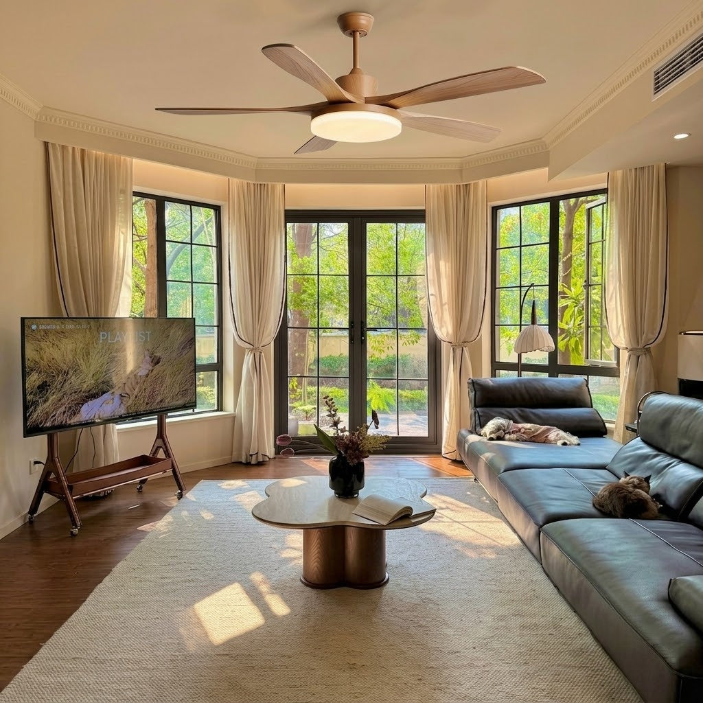 Modern Style Ceiling Fan with Light Natural Wood Finish & LED for Bedroom