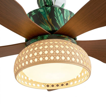 Retro Tropical Rattan Ceiling Fan with Light - 28" 5-Blade Fan