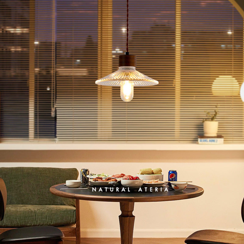 Light Luxury Simple Walnut Wood and Glass Pendant Light for Bedroom