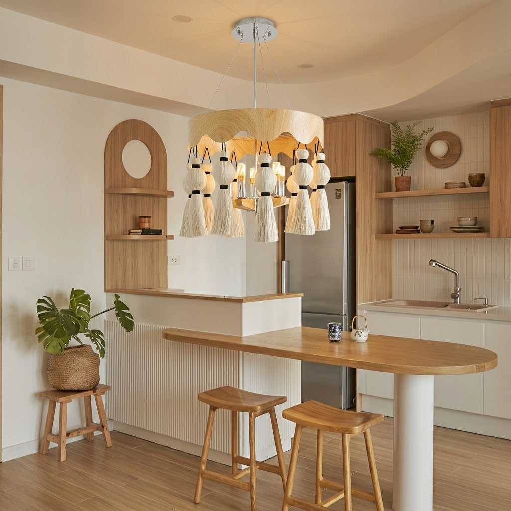Modern Rustic Wood Tassel Chandelier - 6-Light Pendant