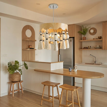 Modern Rustic Wood Tassel Chandelier - 6-Light Pendant