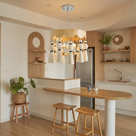 Modern Rustic Wood Tassel Chandelier - 6-Light Pendant