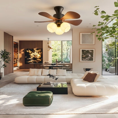Nordic Wood Effect Ceiling Fan with Light, Frosted Flower Glass Shades for Bedroom & Living Room