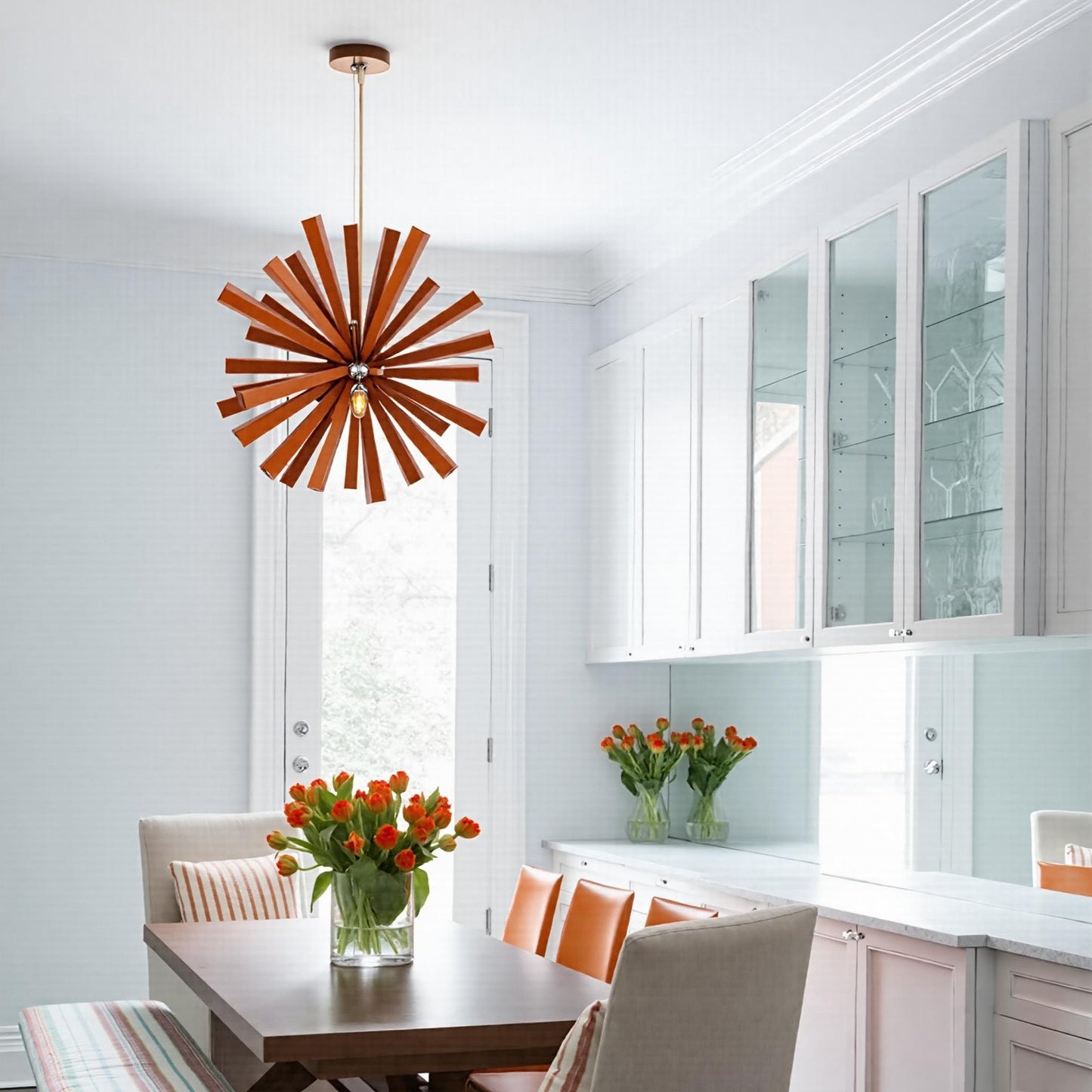 Mid-Century Solid Wood Starburst Chandelier - Retro Wooden Sputnik Pendant Light