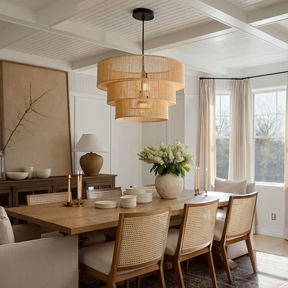 Modern 3-Tier Natural Jute Rope Chandelier - Layered Boho Drum Pendant Light