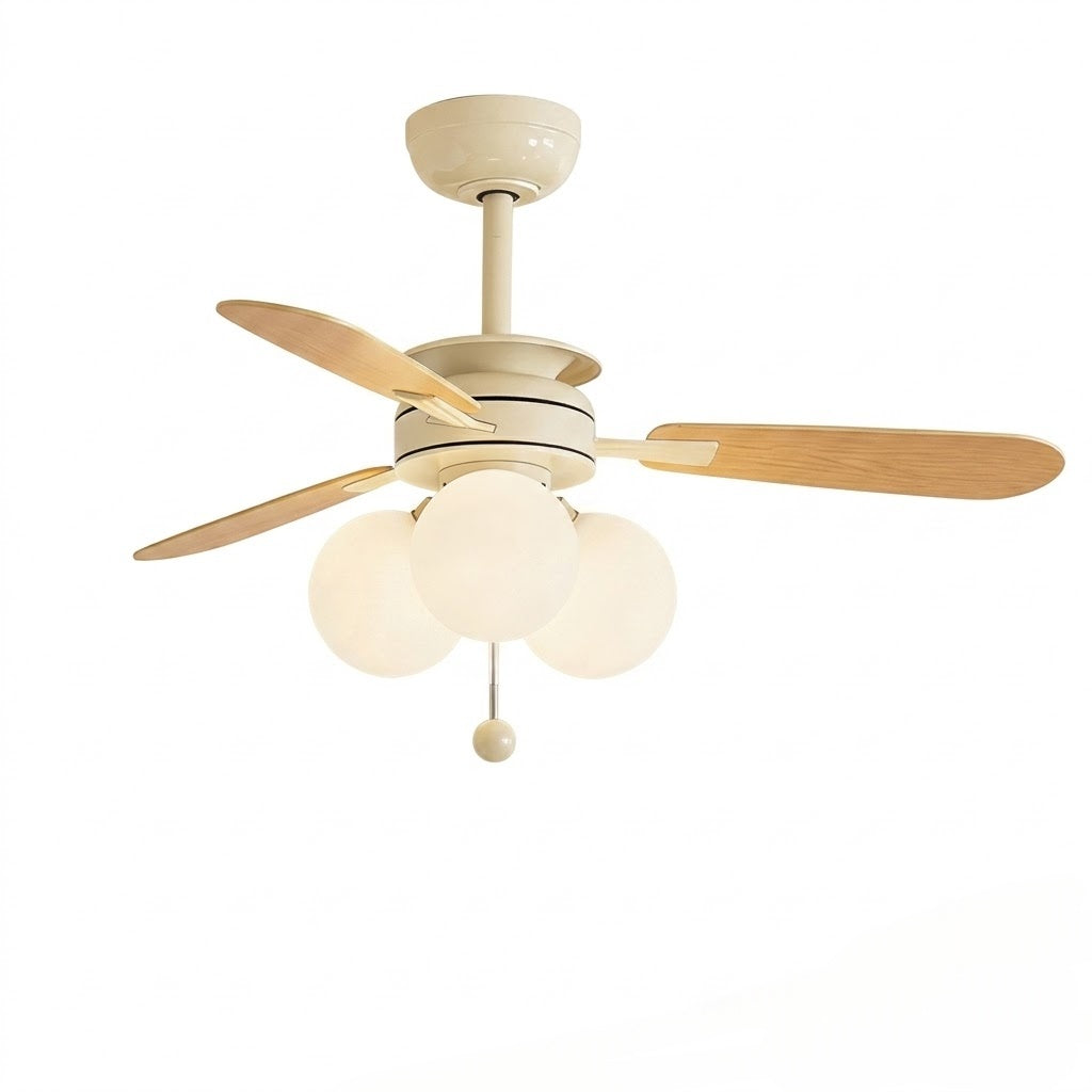 Modern Nordic Wooden Ceiling Fan with Light, 3 Glass Shades for Bedroom Living Room