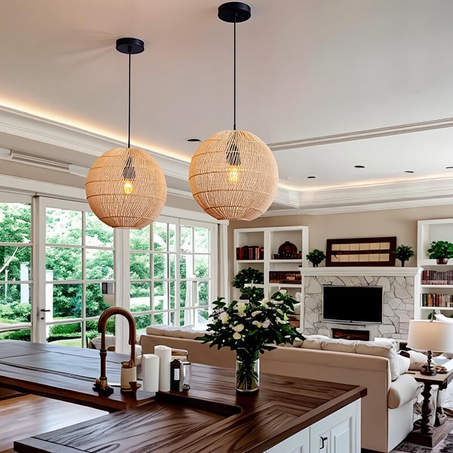 Modern Rattan Globe Pendant Light - Hand-Woven Boho Orb Chandelier