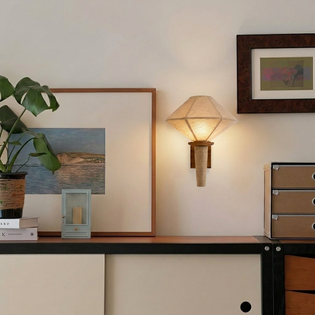 Natural Wood Fabric Geometric Japandi Wall Sconce