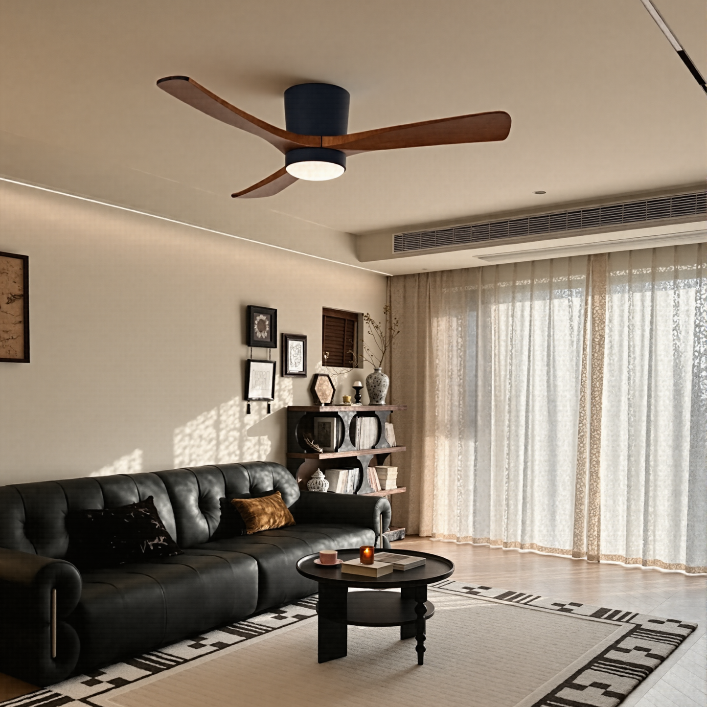 Modern Low Profile Solid Wood Ceiling Fan with Light - 3-Blade Hugger LED Fan Flush Mount