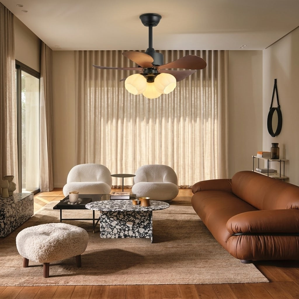 Nordic Wood Effect Ceiling Fan with Light & Hanging Rod for Bedroom & Living Room