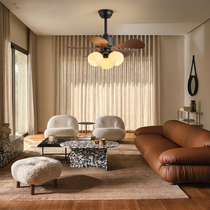 Nordic Wood Effect Ceiling Fan with Light & Hanging Rod for Bedroom & Living Room