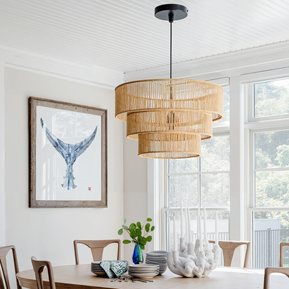 Modern 3-Tier Natural Jute Rope Chandelier - Layered Boho Drum Pendant Light