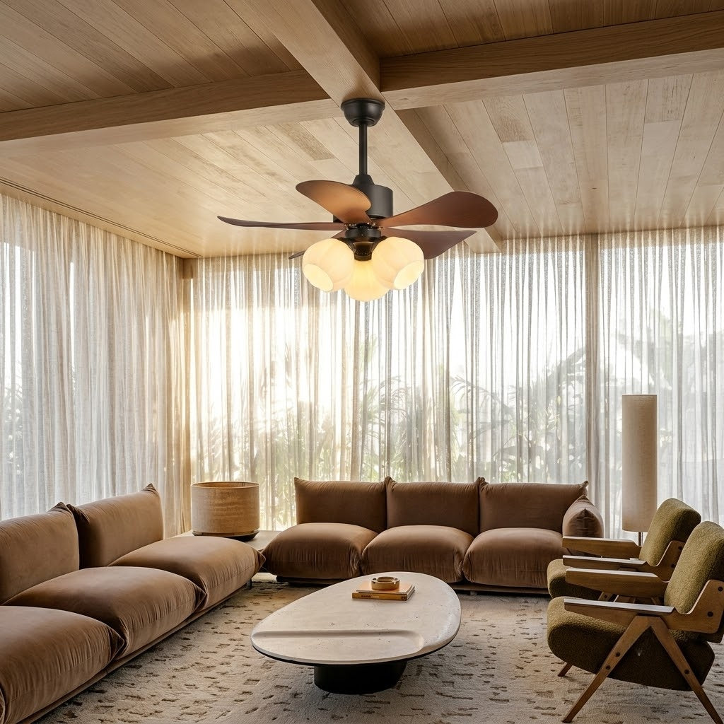 Nordic Wood Effect Ceiling Fan with Light & Hanging Rod for Bedroom & Living Room
