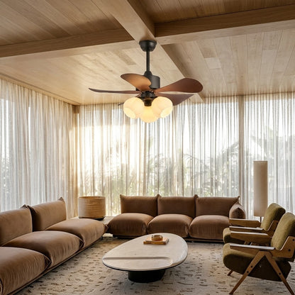 Nordic Wood Effect Ceiling Fan with Light & Hanging Rod for Bedroom & Living Room