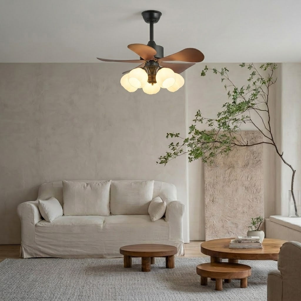 Nordic Wood Effect Ceiling Fan with Light & Hanging Rod for Bedroom & Living Room