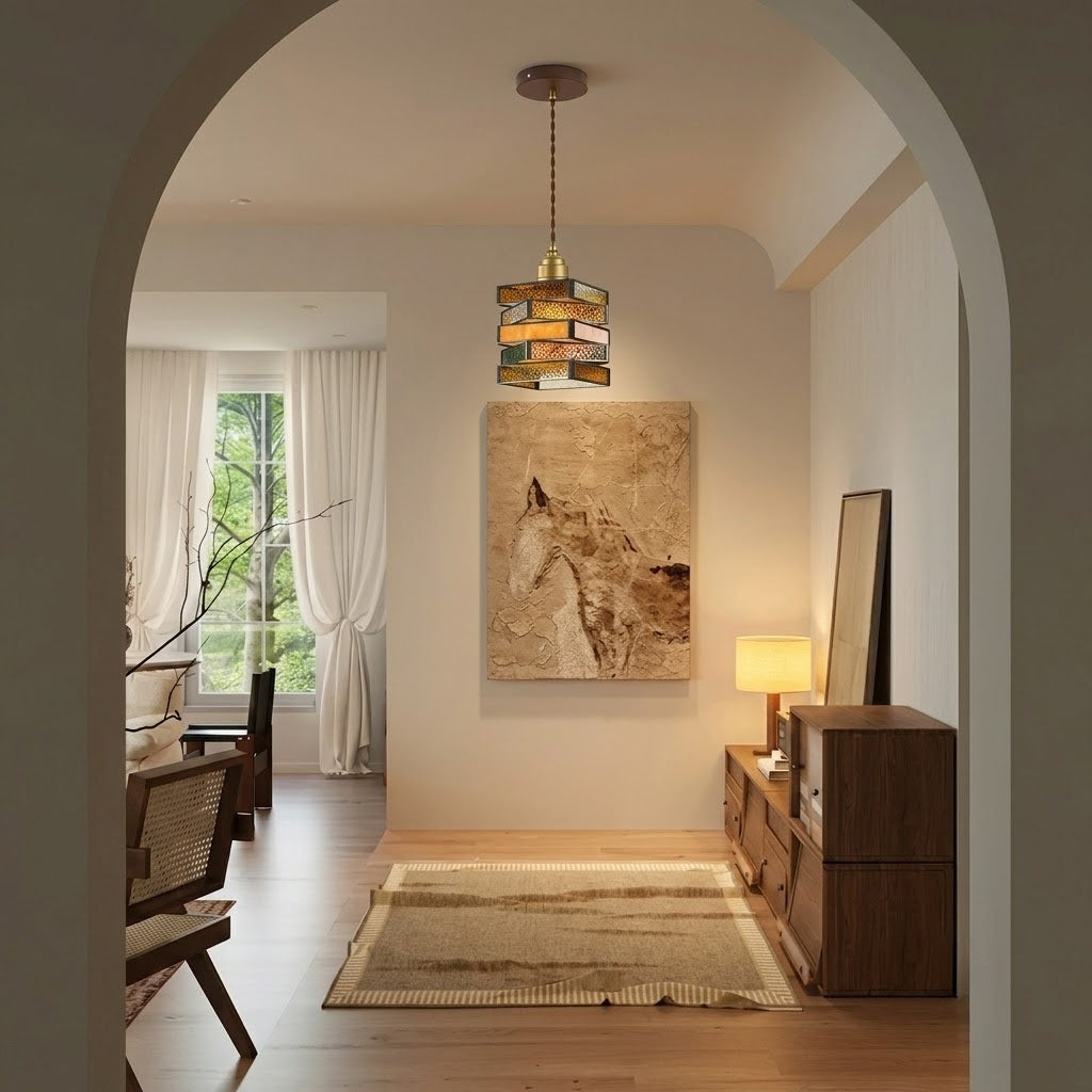 Handcrafted Vintage Geometric Stained Glass Pendant Light