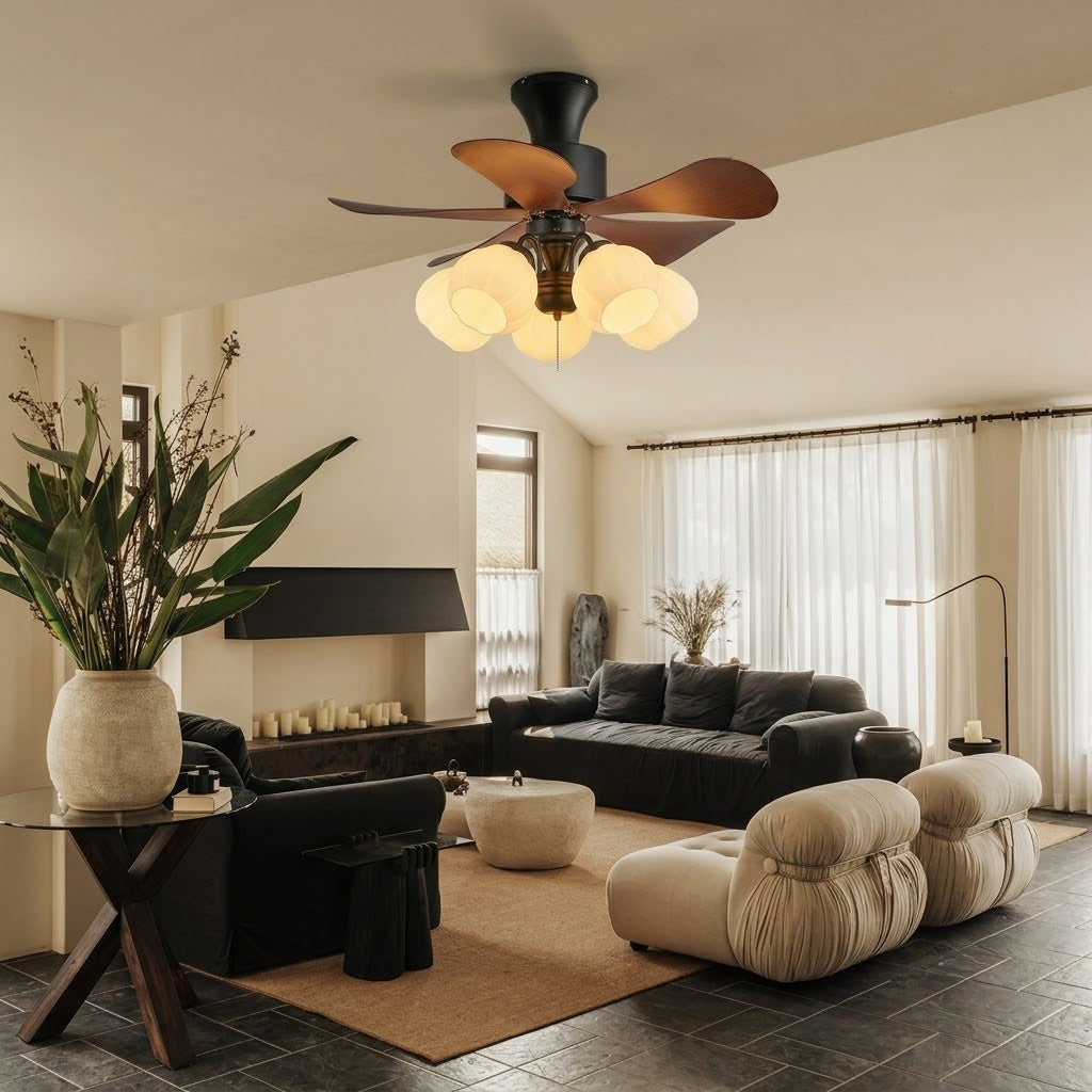 Nordic Wood Effect Ceiling Fan with Light, Frosted Flower Glass Shades for Bedroom & Living Room
