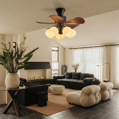 Nordic Wood Effect Ceiling Fan with Light, Frosted Flower Glass Shades for Bedroom & Living Room