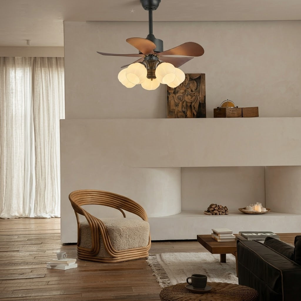 Nordic Wood Effect Ceiling Fan with Light & Hanging Rod for Bedroom & Living Room
