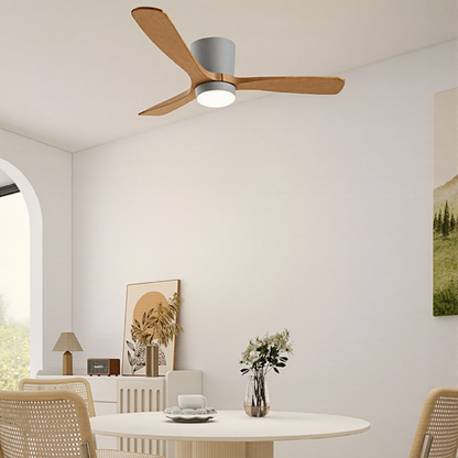 Modern Low Profile Solid Wood Ceiling Fan with Light - 3-Blade Hugger LED Fan Flush Mount