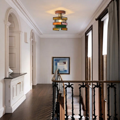 Handcrafted Vintage Geometric Stained Glass Ceiling Light