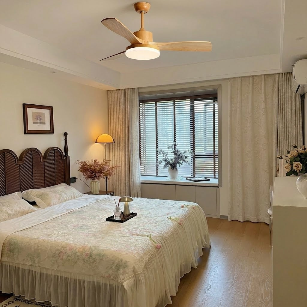 Modern Style Ceiling Fan with Light Natural Wood Finish & LED for Bedroom