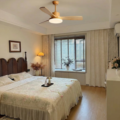 Modern Style Ceiling Fan with Light Natural Wood Finish & LED for Bedroom