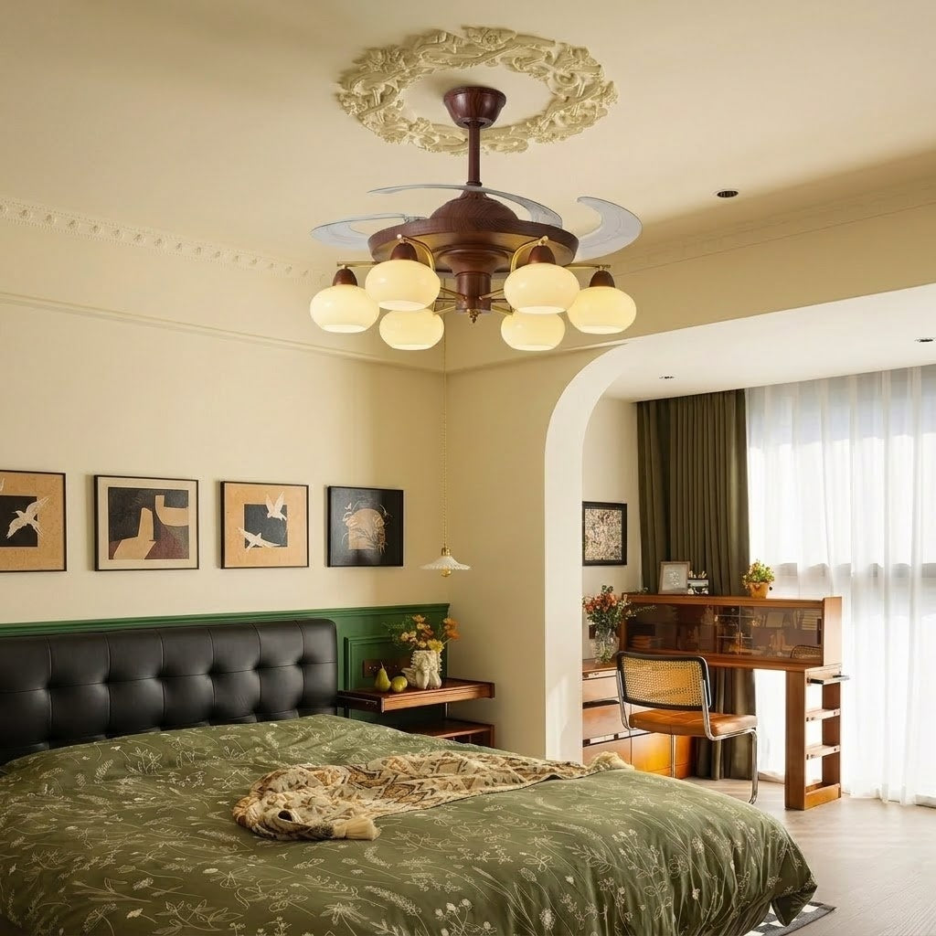 Retractable Ceiling Fan Light - Walnut & Glass Globes