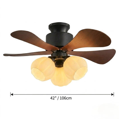 Nordic Wood Effect Ceiling Fan with Light, Frosted Flower Glass Shades for Bedroom & Living Room