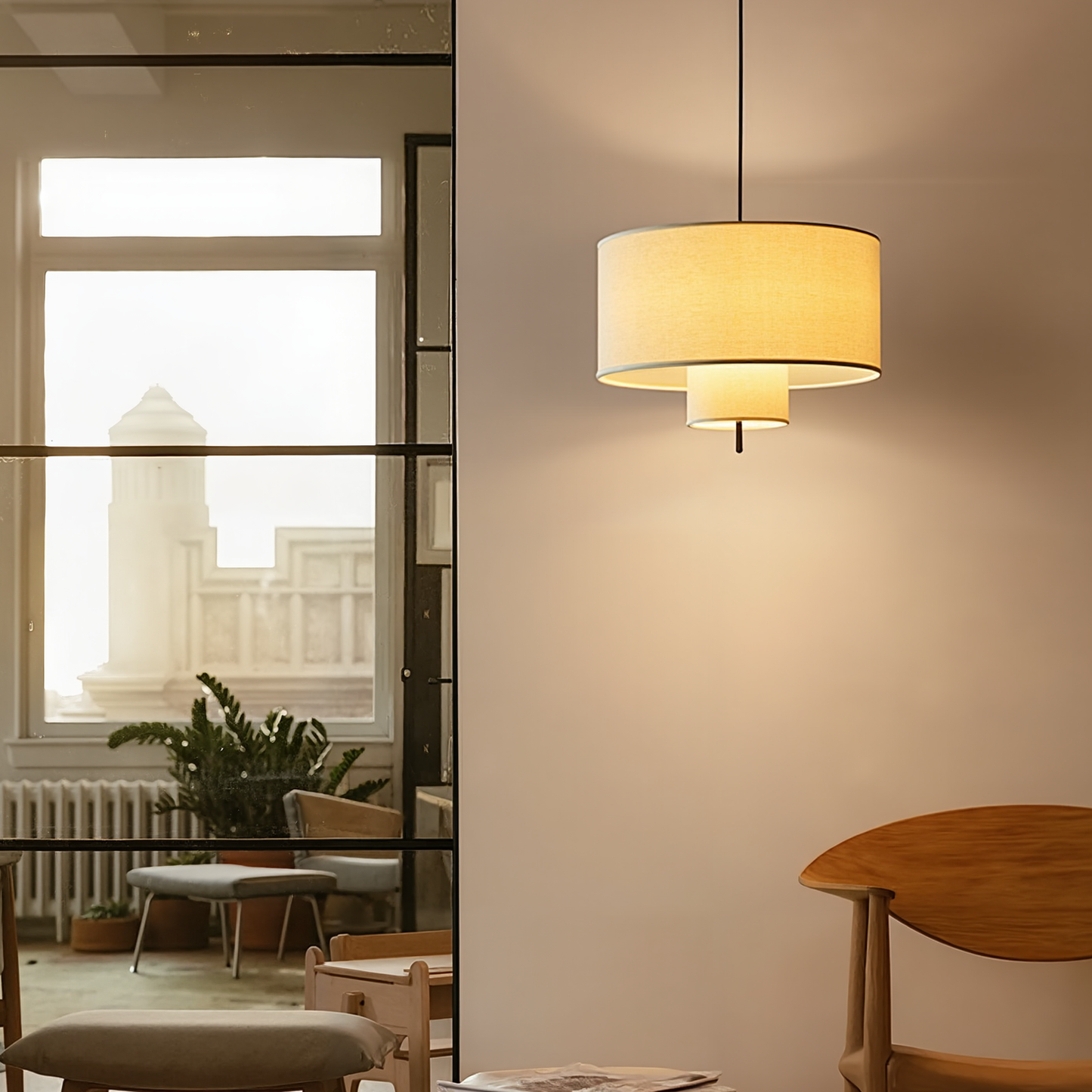 Modern Linen Drum Pendant Light - Japandi Nested Fabric Chandelier