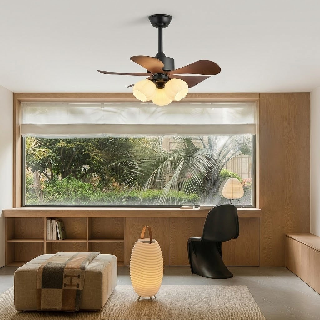 Nordic Wood Effect Ceiling Fan with Light & Hanging Rod for Bedroom & Living Room