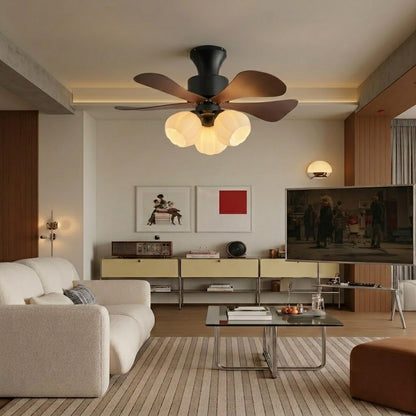 Nordic Wood Effect Ceiling Fan with Light, Frosted Flower Glass Shades for Bedroom & Living Room