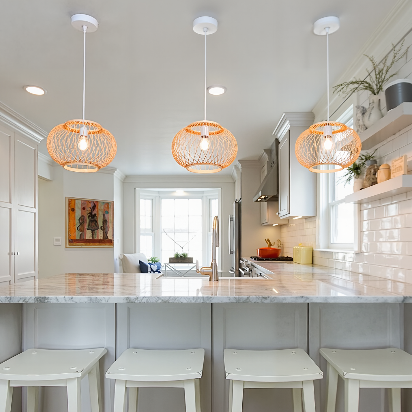 Boho Bamboo Pendant Light Wicker Hanging Lamp for Dining,Kitchen