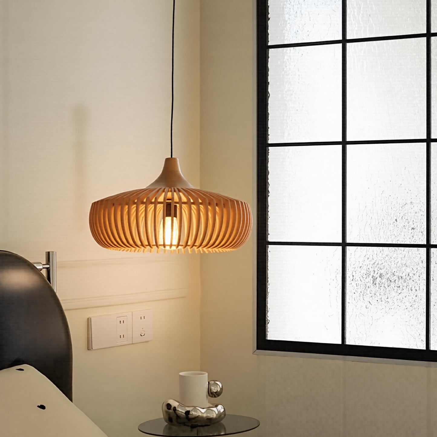 Handcrafted Natural Wood Fin Chandelier - Scandi Style Hanging Lamp