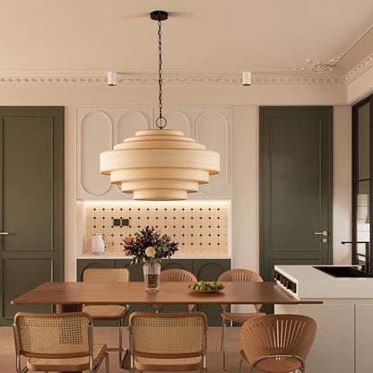 Modern Tiered Wood Veneer Chandelier - Japandi Pagoda Pendant Light