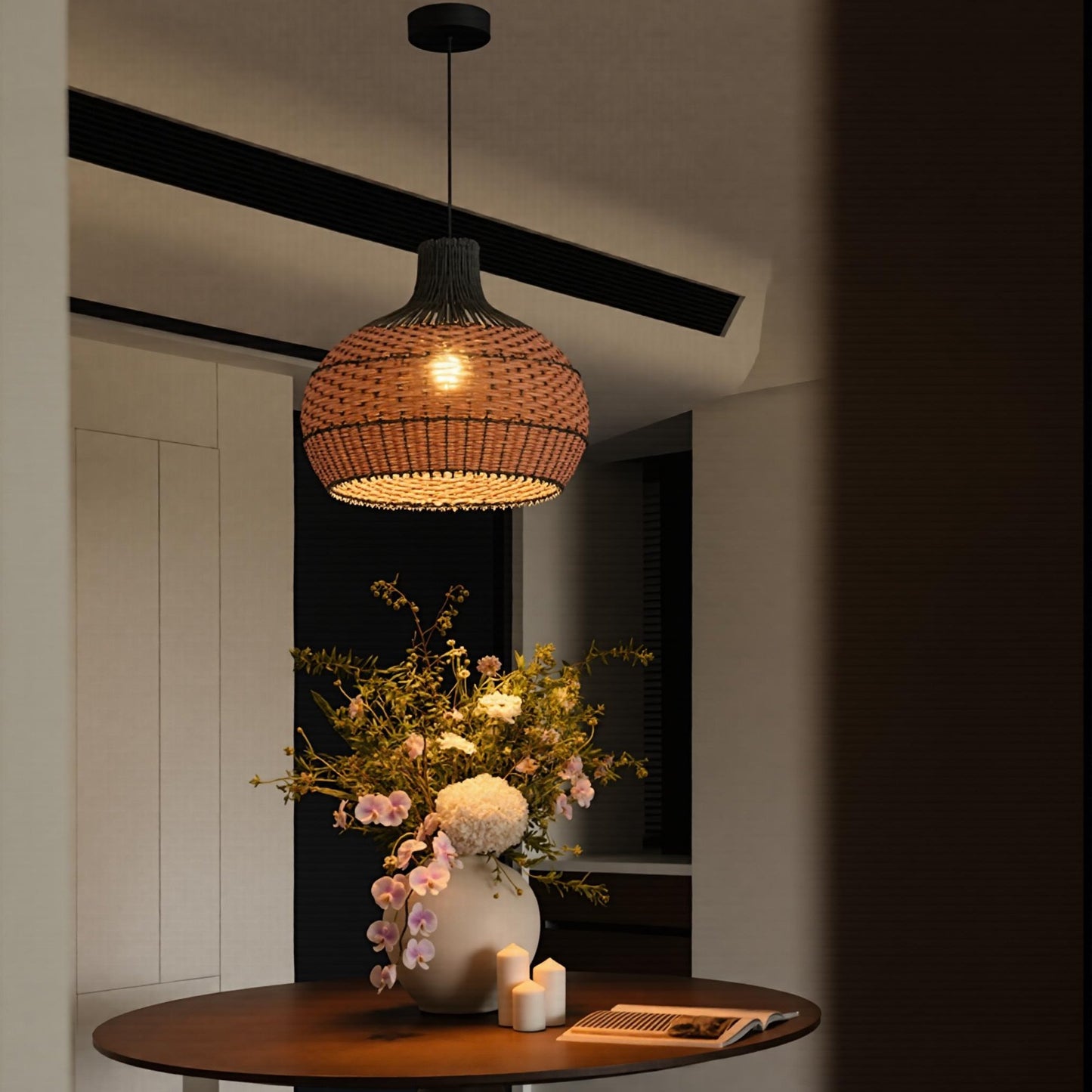 Two-Tone Rattan Pendant Light - Black & Natural Woven Bell Chandelier