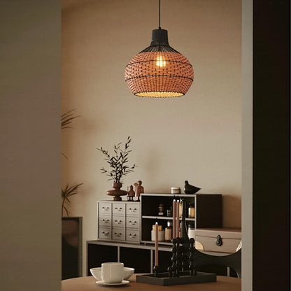 Two-Tone Rattan Pendant Light - Black & Natural Woven Bell Chandelier