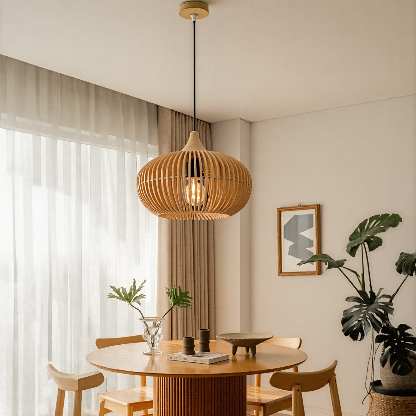 Modern Slatted Wood Pendant Light - Nordic Pumpkin Wood Chandelier