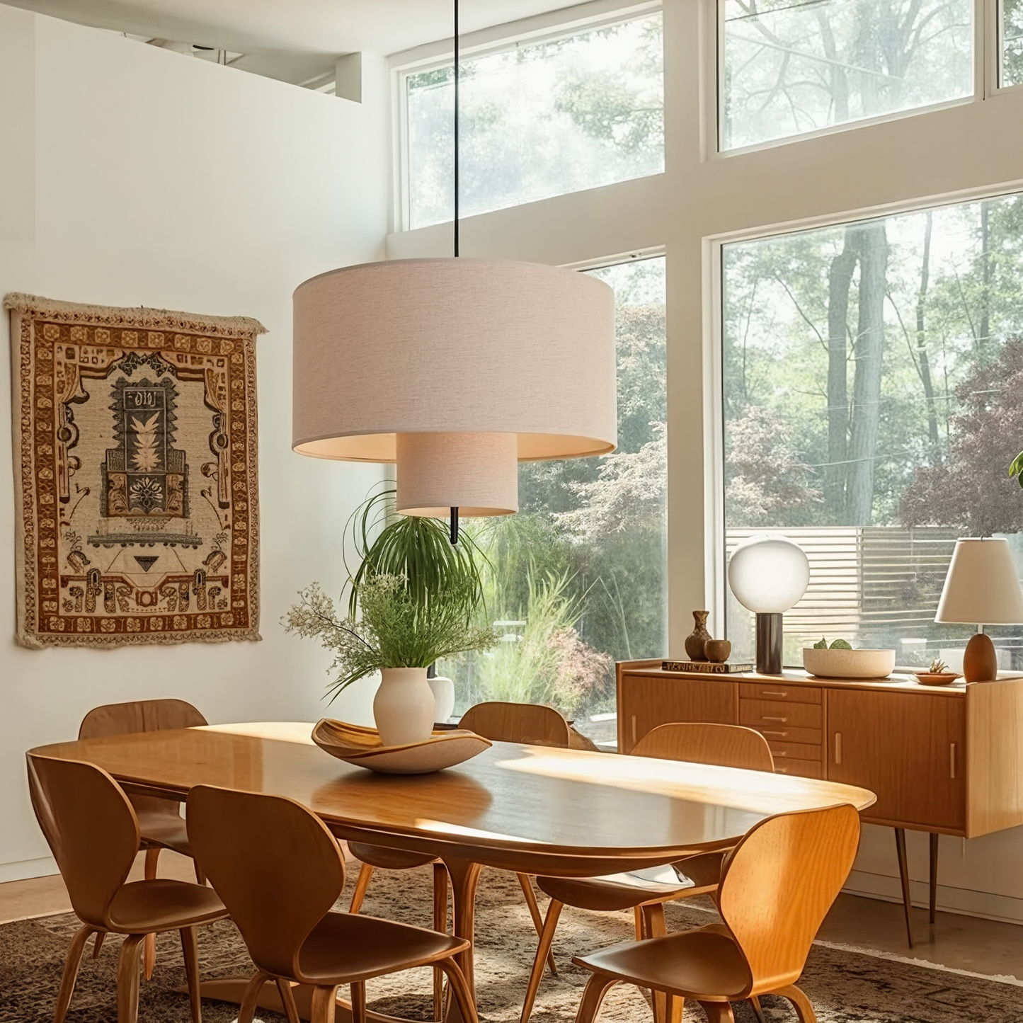 Modern Linen Drum Pendant Light - Japandi Nested Fabric Chandelier