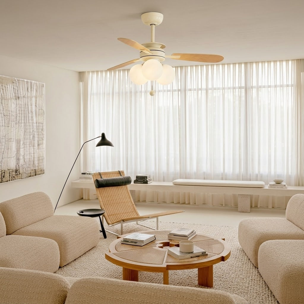 Modern Nordic Wooden Ceiling Fan with Light, 3 Glass Shades for Bedroom Living Room