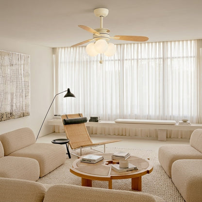 Modern Nordic Wooden Ceiling Fan with Light, 3 Glass Shades for Bedroom Living Room