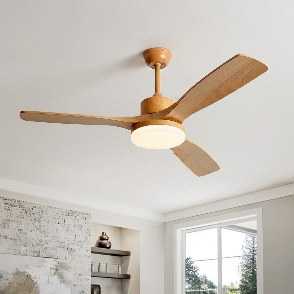 Modern Style Ceiling Fan with Light Natural Wood Finish & LED for Bedroom