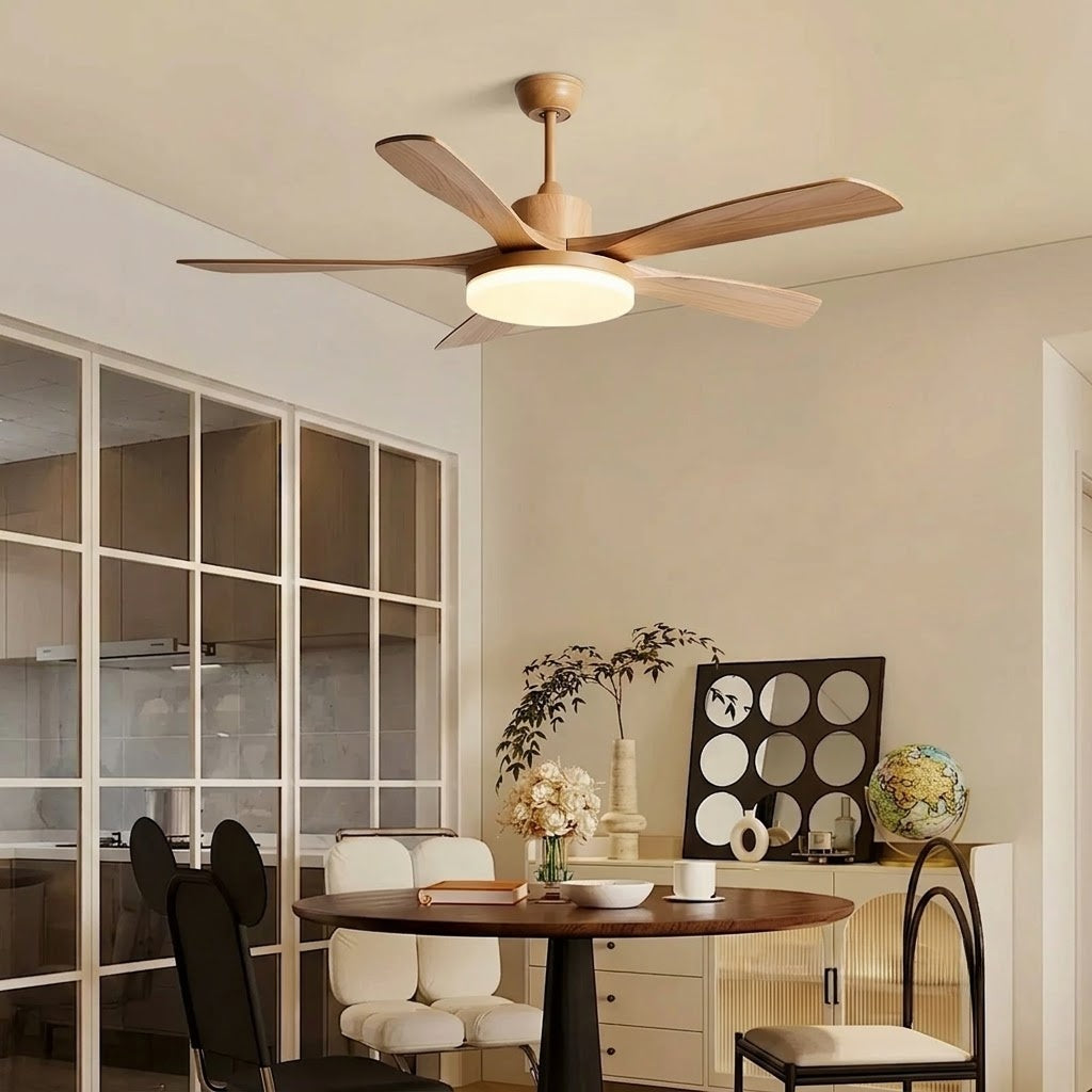 Modern Style Ceiling Fan with Light Natural Wood Finish & LED for Bedroom