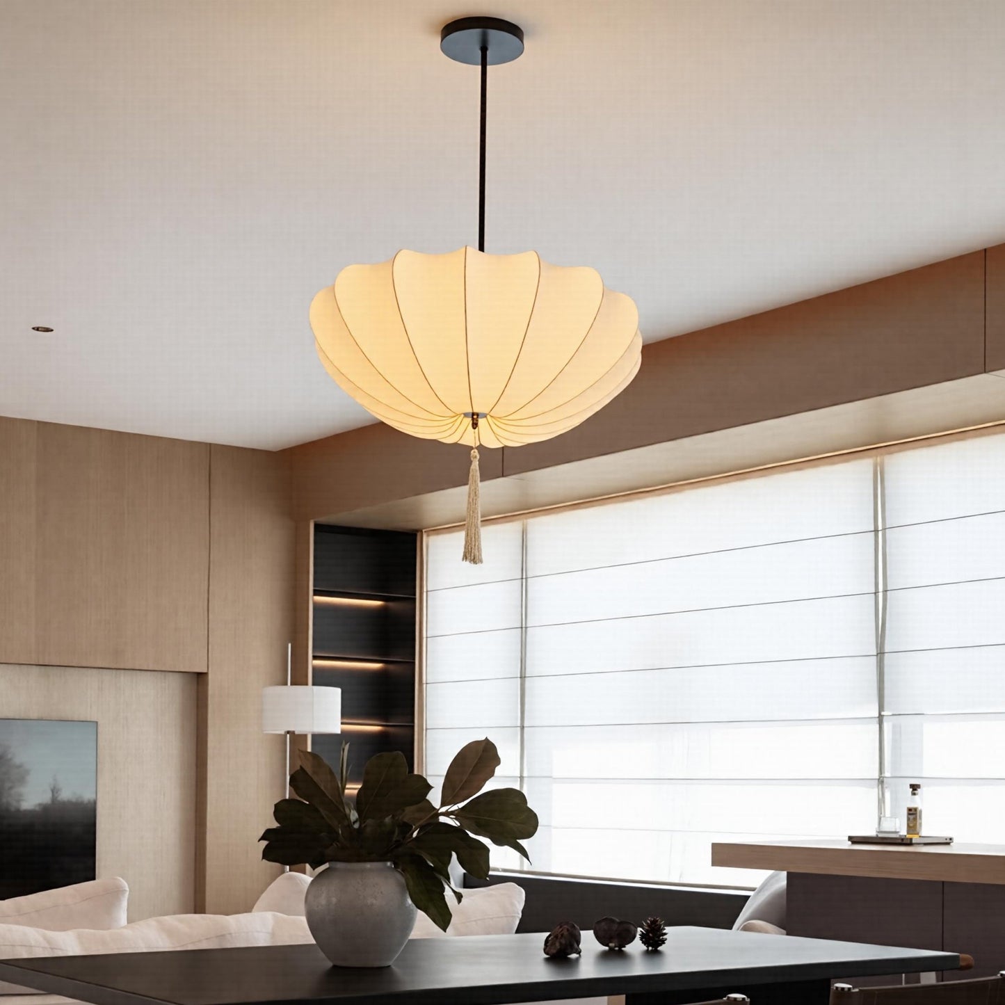 Fabric Pumpkin Pendant Light with Tassel - Zen Japandi Chandelier