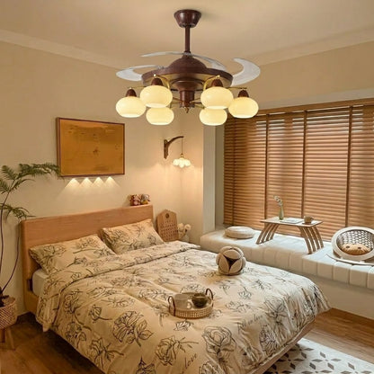 Retractable Ceiling Fan Light - Walnut & Glass Globes