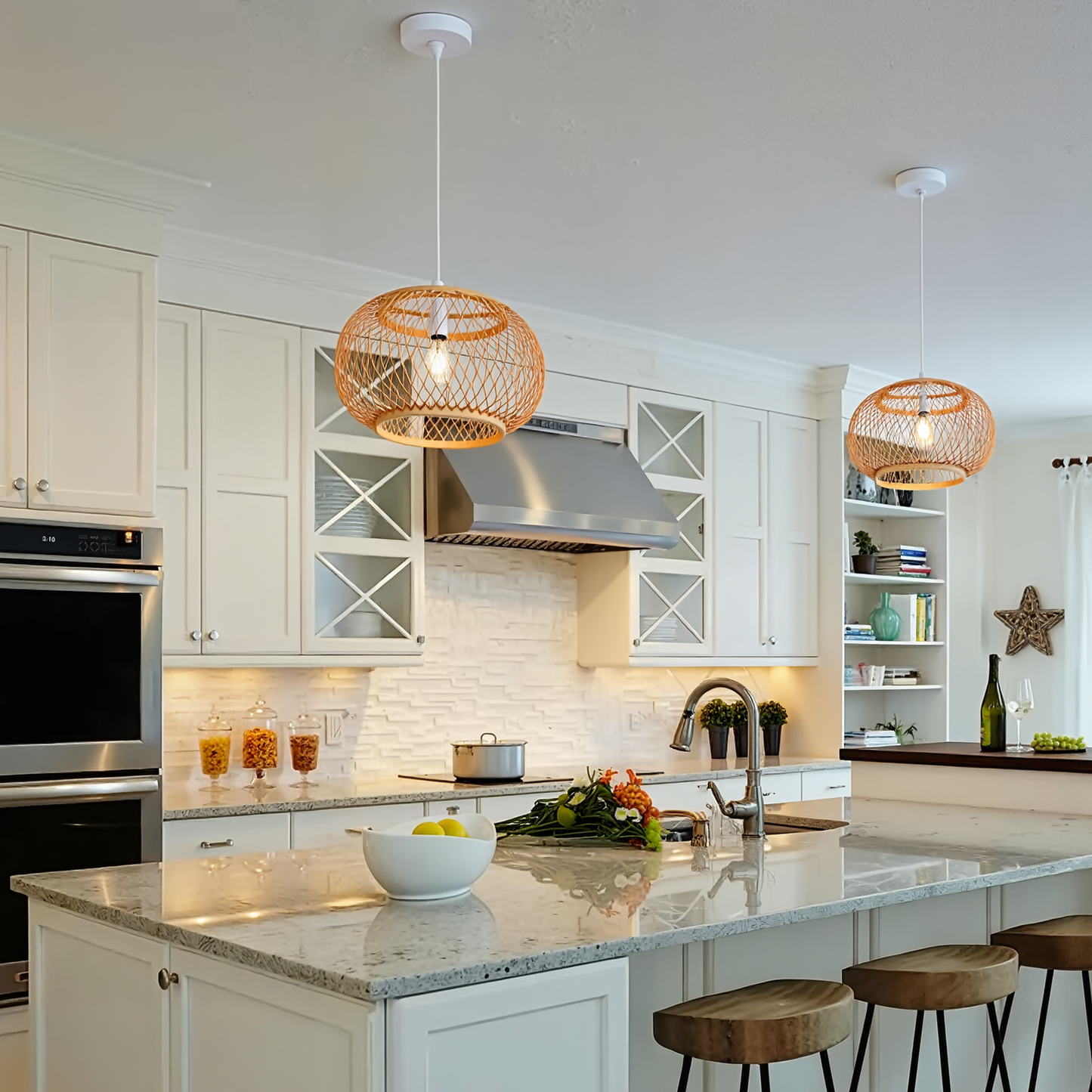 Boho Bamboo Pendant Light Wicker Hanging Lamp for Dining,Kitchen