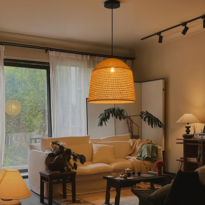 Modern Hand-Woven Straw Pendant Light - Japandi Open Weave Dome Lamp