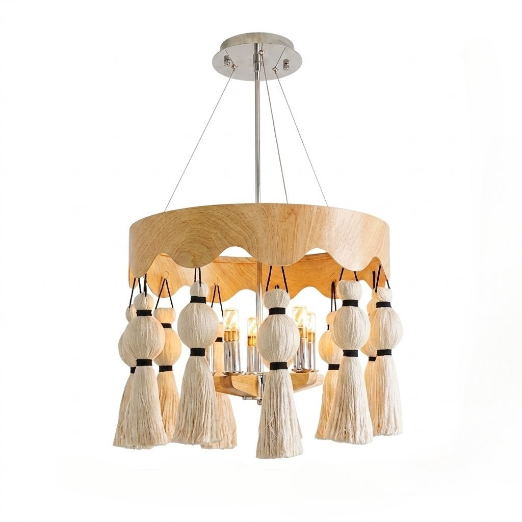 Modern Rustic Wood Tassel Chandelier - 6-Light Pendant