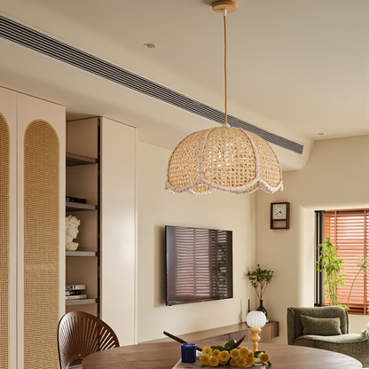 Modern Hand-Woven Rattan Scalloped Pendant Light - Japandi Wavy Dome Chandelier
